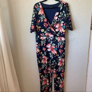 Peach Velvet New York Floral Short Sleeve Jumpsuit